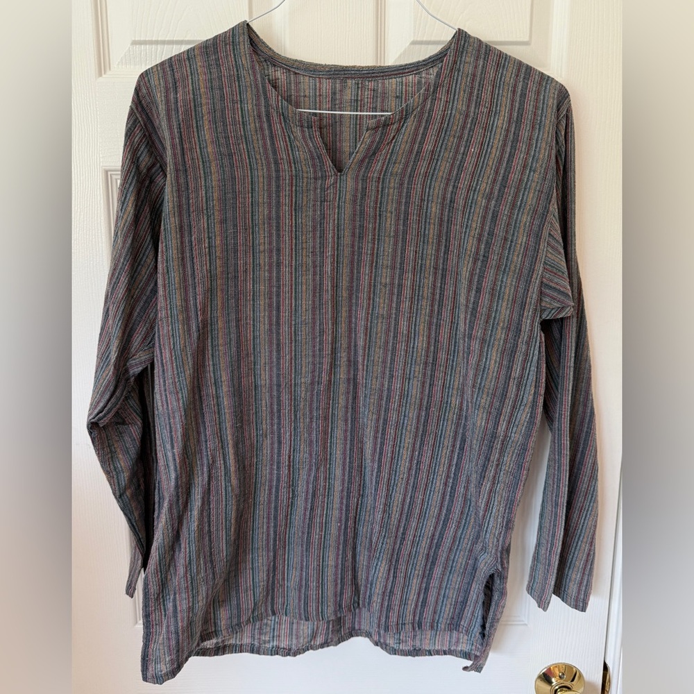 Men’s Striped Linen Shirt Kurta Size M Multicolor Long Sleeved EUC